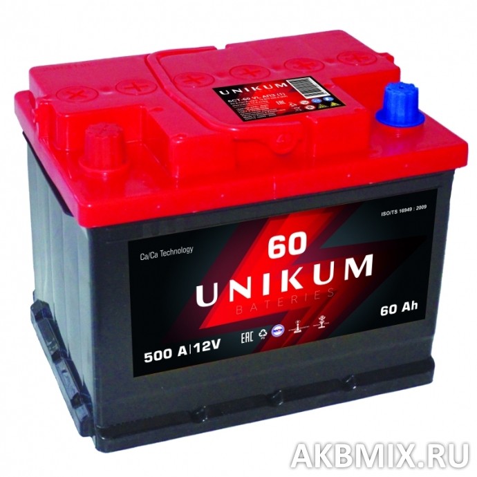 Аккумулятор UNIKUM 6СТ-60, 60 Ач, 500 А, прямая полярность