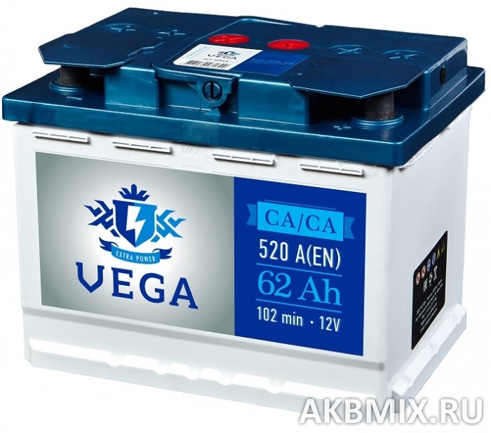 Аккумулятор Vega 6СТ-62, 62 Ач, 520 А, обратная полярность