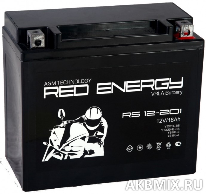 Аккумулятор Red Energy RS 12-201 (12V, 18Ah, 270A) [YTX20L-BS, YTX20HL-BS, YB16L-B, YB18L-A]