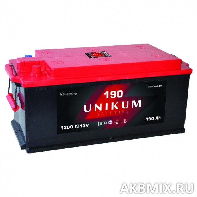Аккумулятор UNIKUM 6СТ-190, 190 Ач, 1200 А, прямая полярность, крышка KAMINA, клемы конус