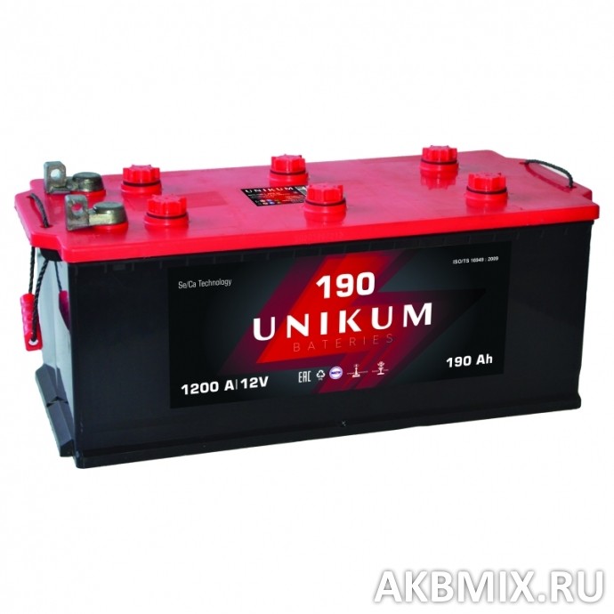 Аккумулятор UNIKUM 6СТ-190, 190 Ач, 1100 А, прямая полярность, болт