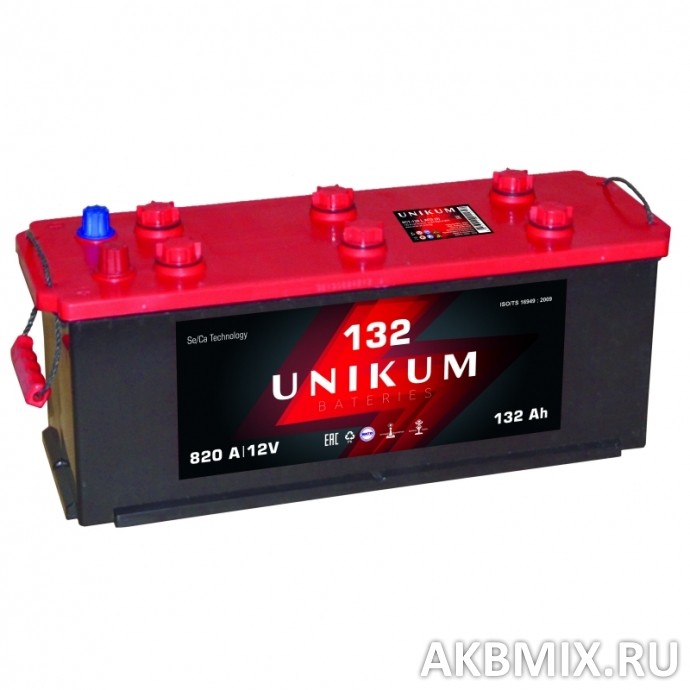 Аккумулятор UNIKUM 6СТ-132, 132 Ач, 820 А, прямая полярность, клеммы конус