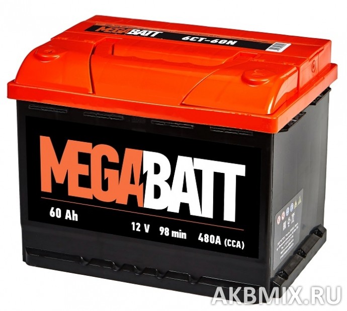 Аккумулятор MEGA BATT 6СТ-60, 60 Ач, 480 А, прямая полярность