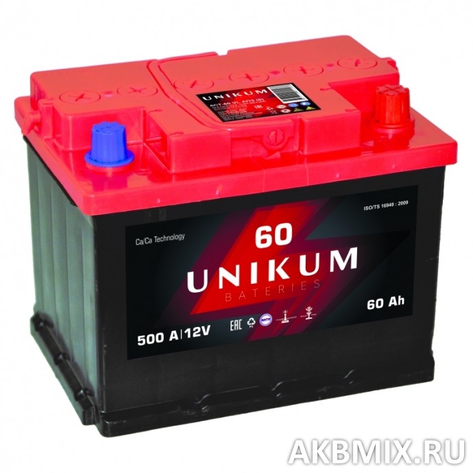 Аккумулятор UNIKUM 6СТ-60, 60 Ач, 500 А, обратная полярность
