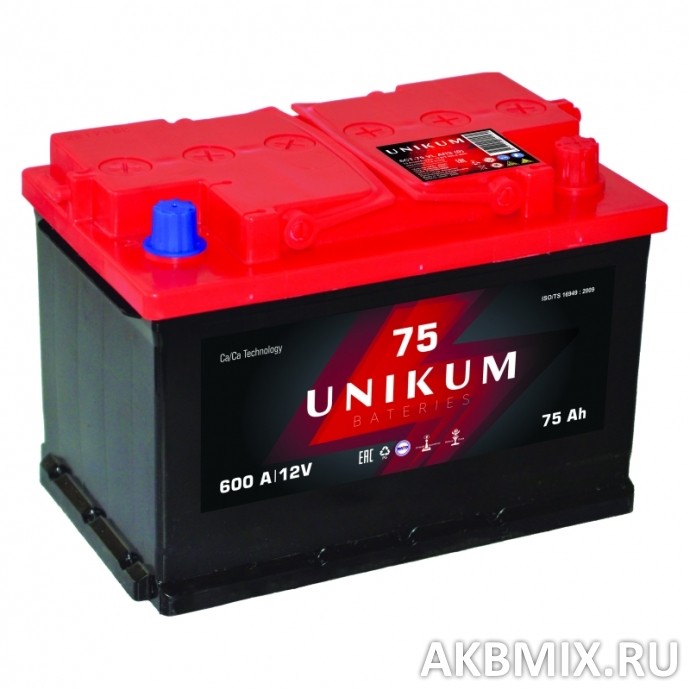 Аккумулятор UNIKUM 6СТ-75, 75 Ач, 600 А, обратная полярность