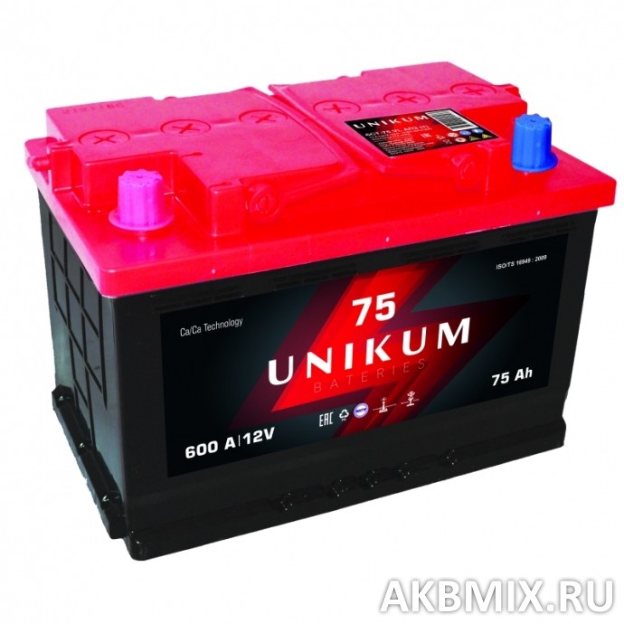 Аккумулятор UNIKUM 6СТ-75, 75 Ач, 600 А, прямая полярность